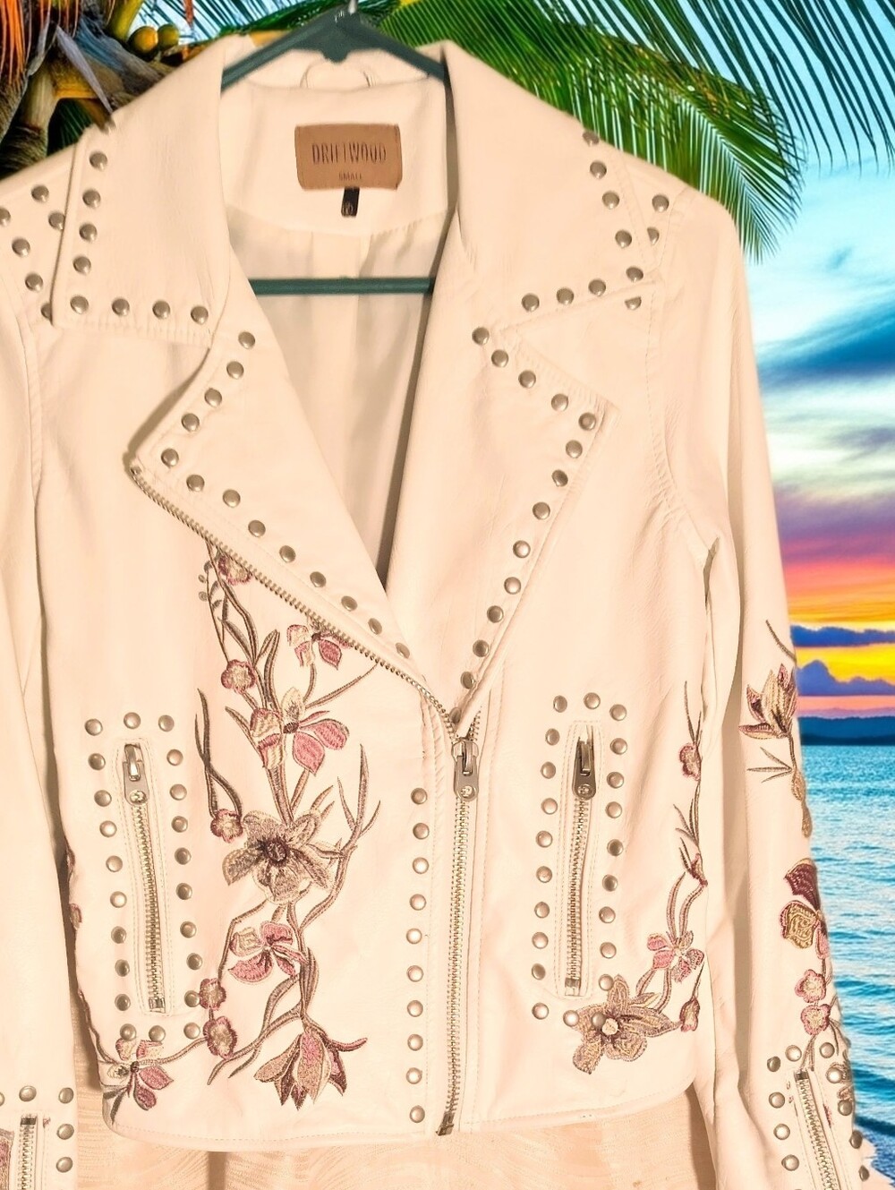 Women's DRIFTWOOD White Faux Leather Moto Jacket Sm. Floral Embroidery & Studs